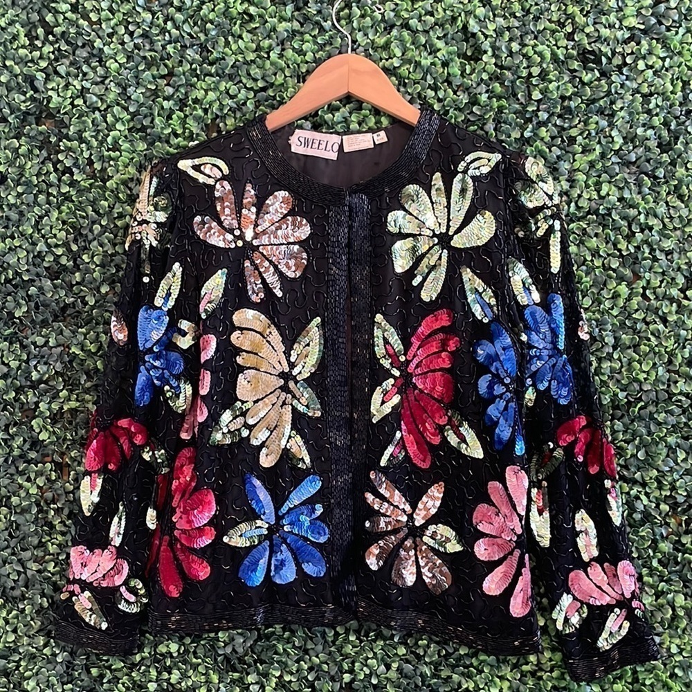 Sweelo Colorful Vintage Sequined Floral Jacket